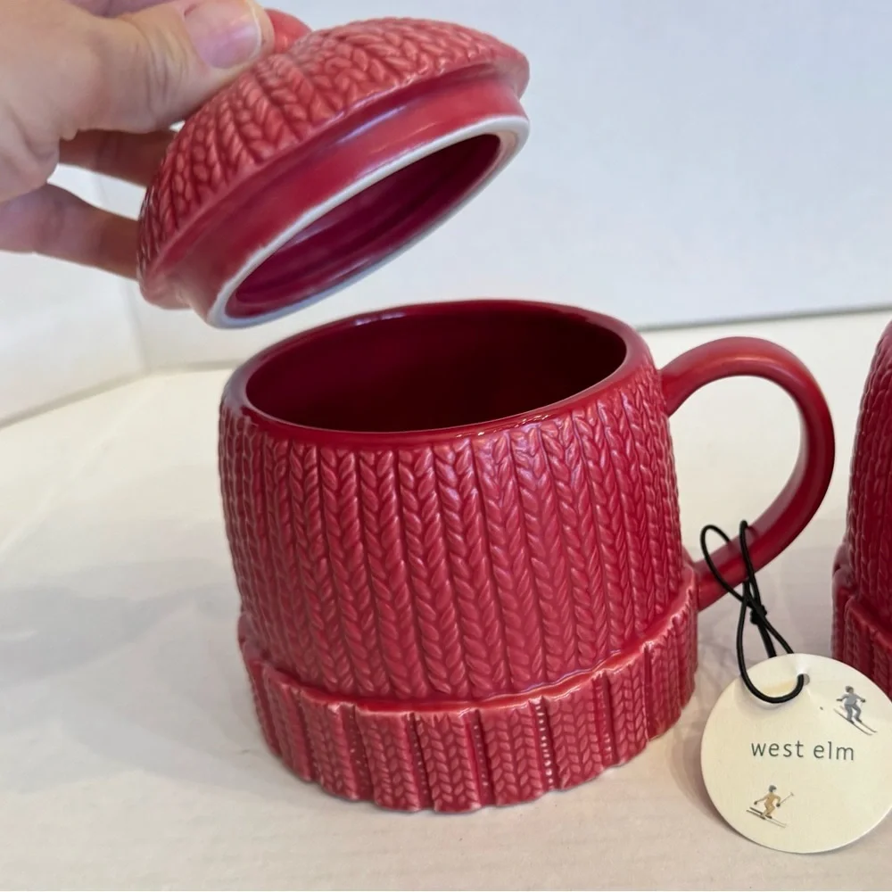 West Elm Red Stoneware Knit Ski Cap Hat Hot Chocolate Mug w/ Lid New w/ Tag Gift
